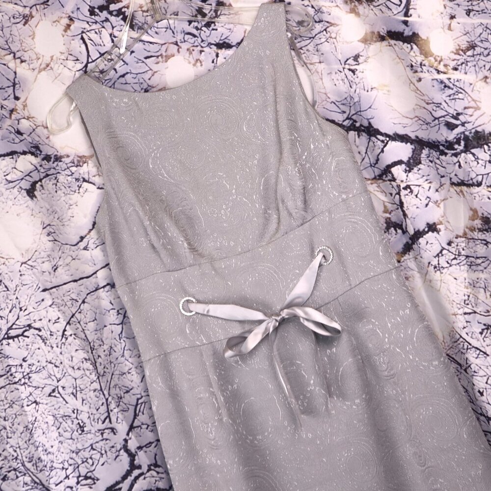 SILVER BROCADE DRESS 10 Jade Formal Cocktail Metallic Belted Cinched Classic
